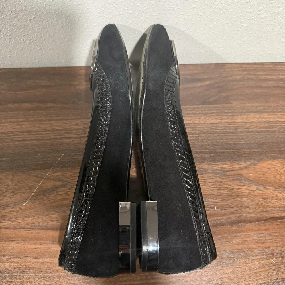 Tory Burch Logo Ballet Flat Shoes Black Suede Square Toe‎ Medallion Women's 7.5